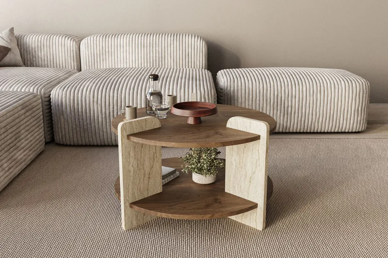 Cindral sofabord 70 cm rundt - Valnøtt og Travertin - Møbler - Bord - Sofabord & salongbord