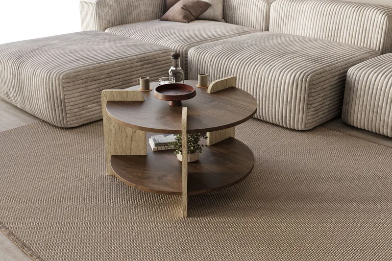 Cindral sofabord 70 cm rundt, Valnøtt og Travertin