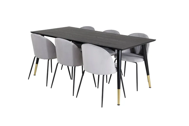 Daicy spisegruppe 180 cm inkl. 6 Foyos-stoler, Svart/Messing/Grå