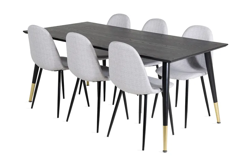 Daicy spisegruppe 180 cm inkl. 6 Ypas-stoler, Svart/Messing/Grå