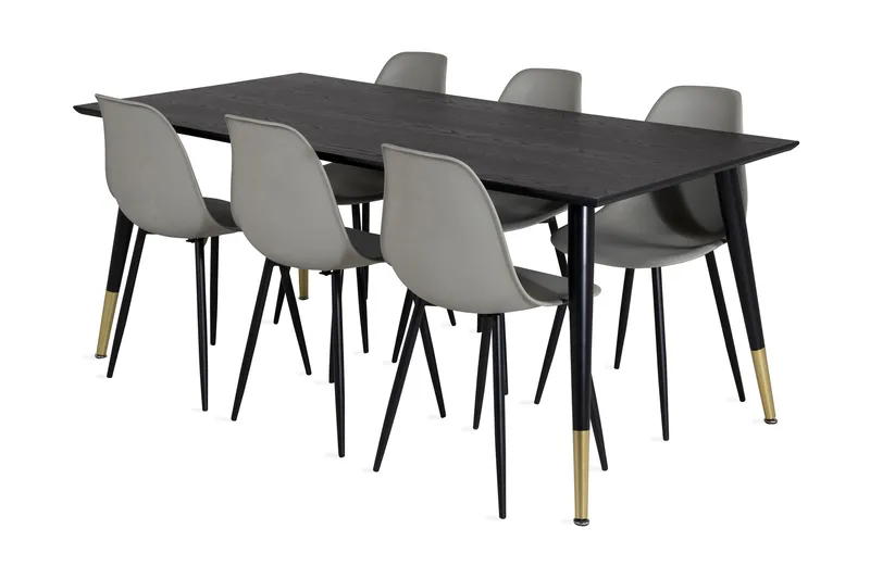 Daicy spisegruppe 180 cm inkl. 6 Ypas-stoler, Svart/Messing/Grå