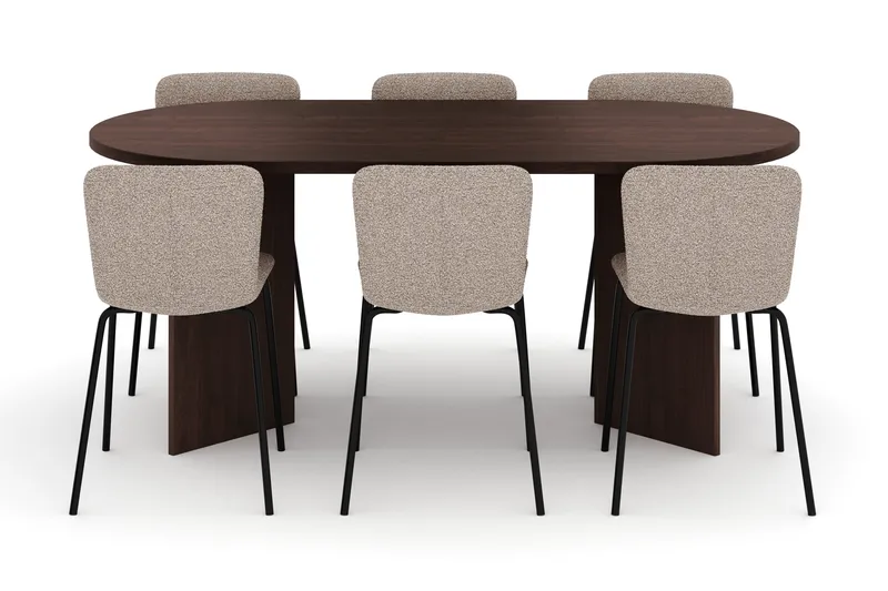 Dano Oval Spisegruppe 180 cm – Spisebord med 6 Katy Spisestoler med Tre- og Valnøttutseende - Brun|Greige - Møbler - Bord - Spisegruppe