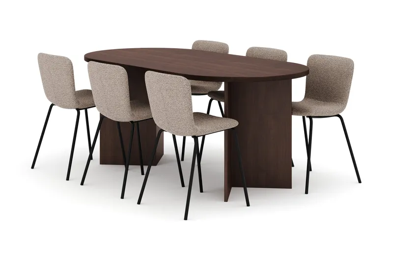 Dano Oval Spisegruppe 180 cm – Spisebord med 6 Katy Spisestoler med Tre- og Valnøttutseende, Brun|Greige