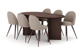 Dano Oval Spisegruppe 180 cm – Spisebord med 6 Nibe Plus Spisestoler med Tre- og Valnøttutseende - Brun|Greige - Møbler - Bord - Spisegruppe