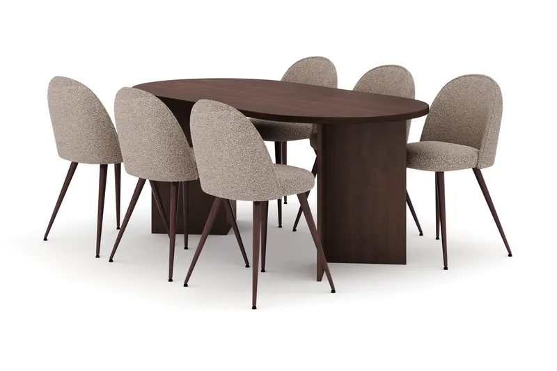 Dano Oval Spisegruppe 180 cm – Spisebord med 6 Nibe Plus Spisestoler med Tre- og Valnøttutseende, Brun|Greige
