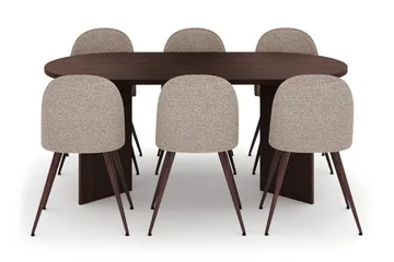Dano Oval Spisegruppe 180 cm – Spisebord med 6 Nibe Plus Spisestoler med Tre- og Valnøttutseende - Brun|Greige - Møbler - Bord - Spisegruppe