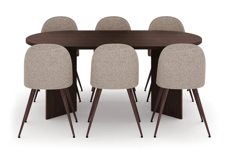 Dano Oval Spisegruppe 180 cm – Spisebord med 6 Nibe Plus Spisestoler med Tre- og Valnøttutseende - Brun|Greige - Møbler - Bord - Spisegruppe