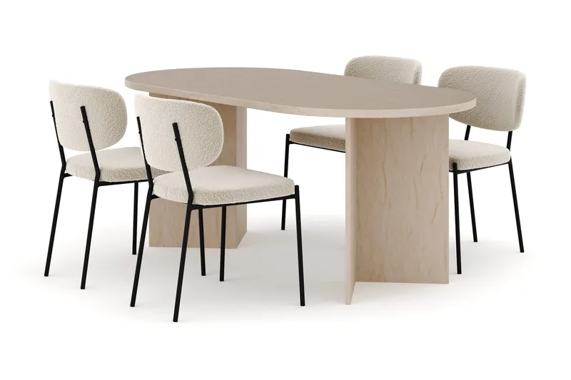 Dano Spisebord 180 cm med 4 Gemmiano Spisestoler, Travertin / Hvit Bouclé