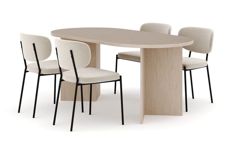 Dano Spisebord 180 cm med 4 Gemmiano Spisestoler, Travertin / Hvit Bouclé