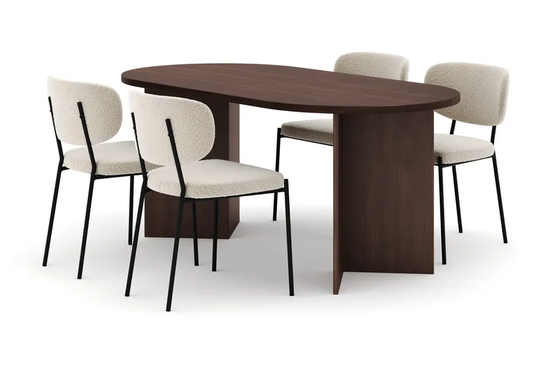 Dano Spisebord 180 cm med 4 Gemmiano Spisestoler, Valnøtt / Hvit Bouclé