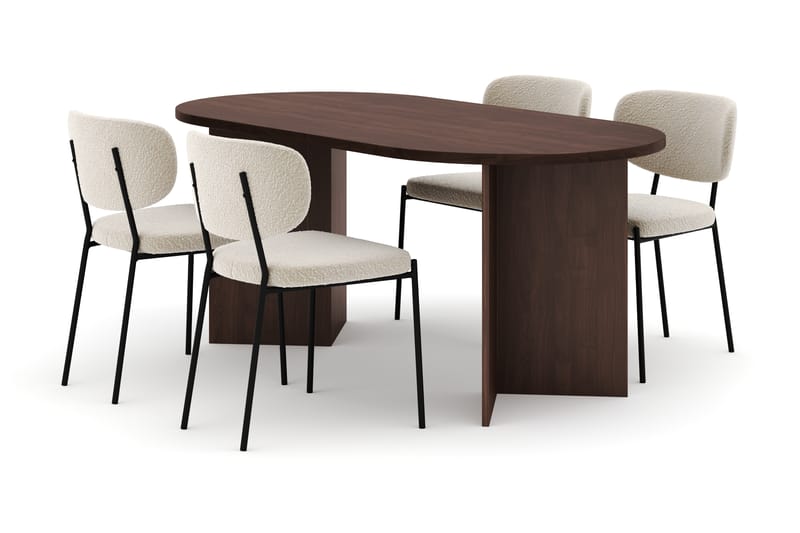 Dano Spisebord 180 cm med 4 Heathrow Spisestoler, Valnøtt / Hvit Bouclé