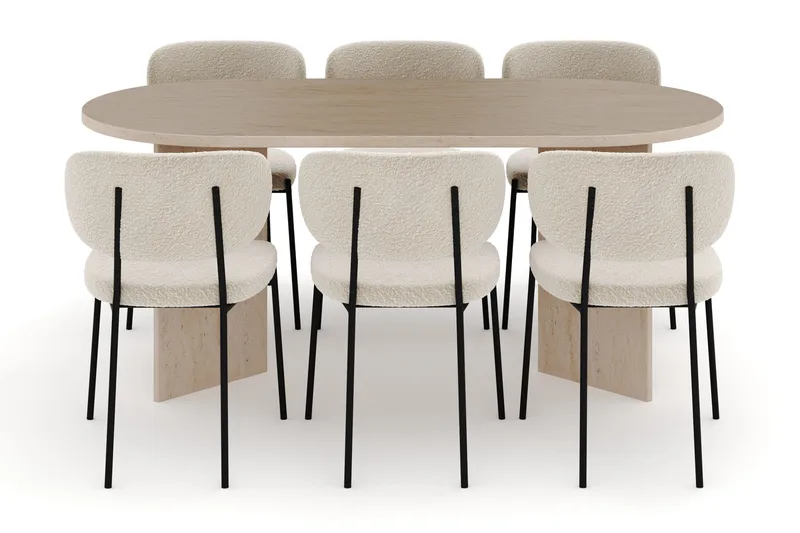 Dano Spisebord 180 cm med 6 Gemmiano Spisestoler - Travertin / Hvit Bouclé - Møbler - Bord - Spisegruppe