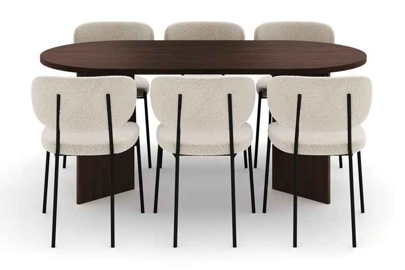 Dano Spisebord 180 cm med 6 Gemmiano Spisestoler - Valnøtt / Hvit Bouclé - Møbler - Bord - Spisegruppe