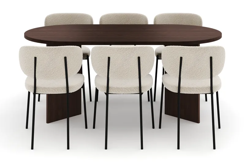 Dano Spisebord 180 cm med 6 Gemmiano Spisestoler - Valnøtt / Hvit Bouclé - Møbler - Bord - Spisegruppe