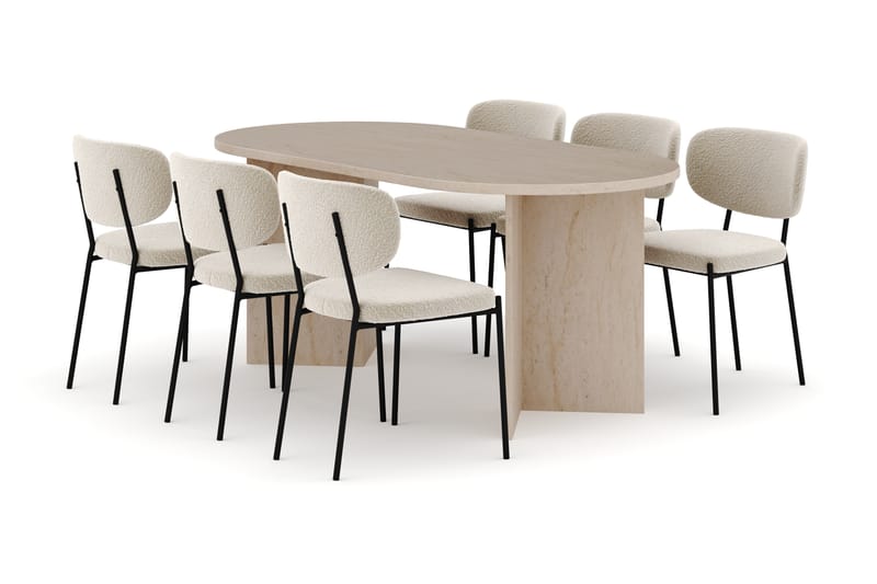 Dano Spisebord 180 cm med 6 Heathrow Spisestoler, Travertin / Hvit Bouclé