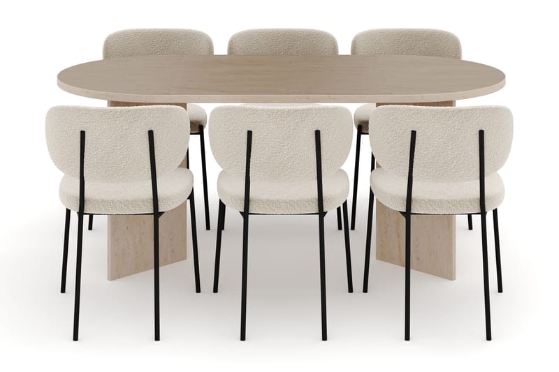 Dano Spisebord 180 cm med 6 Heathrow Spisestoler - Travertin / Hvit Bouclé - Møbler - Bord - Spisegruppe