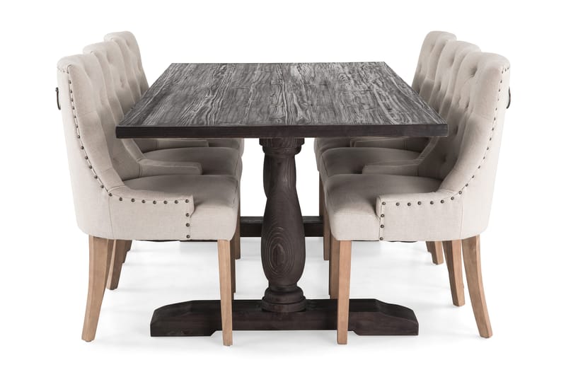 Dijon Spisegruppe 200 cm Rektangulær med 6 Viktoria Stoler - Vintage Tre / Beige Tre - Møbler - Bord - Spisegruppe