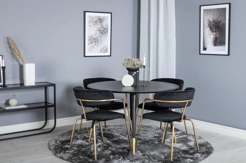 Dipp Matgruppe 115 cm Rund med 4 Arrow stoler - Sort/Guld - Møbler - Bord - Spisegruppe