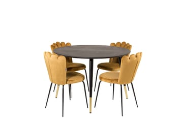 Dipp Spisegruppe 115 cm Rund med 4 Limhamn Stoler - Sort/Guld - Møbler - Bord - Spisegruppe