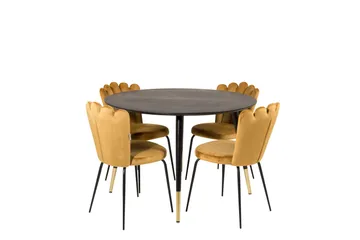 Dipp Spisegruppe 115 cm Rund med 4 Limhamn Stoler - Sort/Guld - Møbler - Bord - Spisegruppe