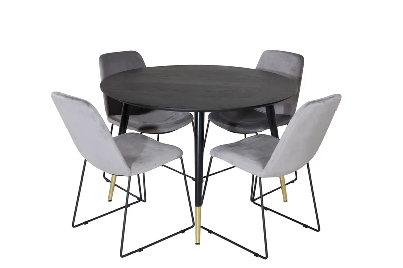 Dipp Spisegruppe 115 cm Rund med 4 Muce Stoler, Sort/Guld