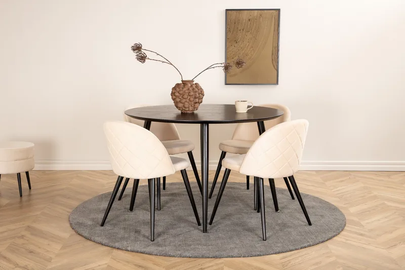 Dipp Spisegruppe 115 cm Rund med 4 Velvet Stoler, Beige