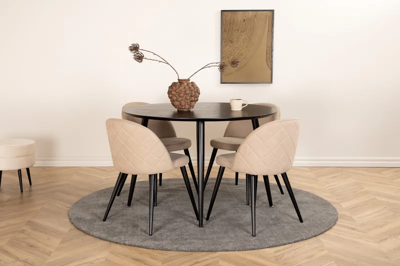 Dipp Spisegruppe 115 cm Rund med 4 Velvet Stoler, Beige