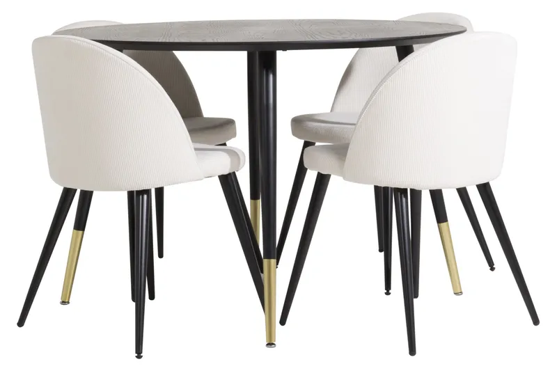 Dipp Spisegruppe 115 cm Rund med 4 Velvet Stoler, Beige