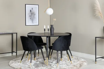 Dipp Spisegruppe 115 cm Rund med 4 Velvet Stoler - Sort/Guld - Møbler - Bord - Spisegruppe