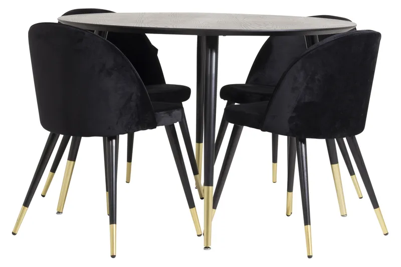 Dipp Spisegruppe 115 cm Rund med 4 Velvet Stoler, Sort/Guld