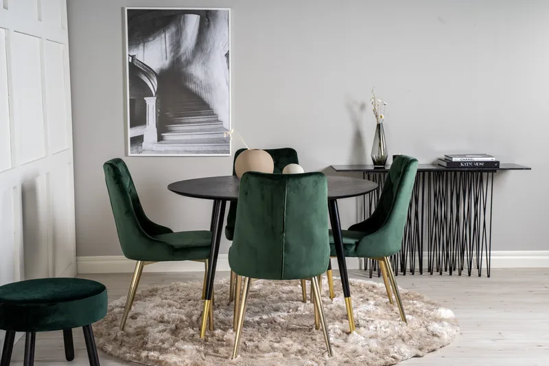 Dipp Spisegruppe 115 cm Rund med 4 Velvet Stoler - Sort/Guld - Møbler - Bord - Spisegruppe