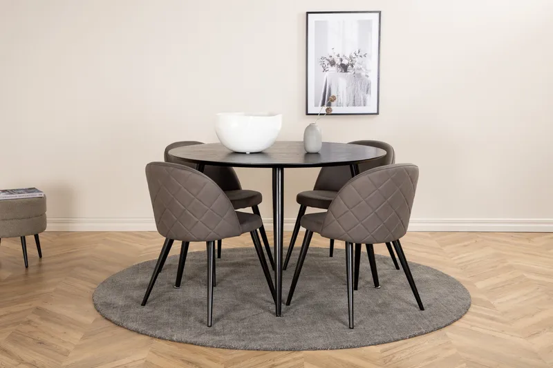 Dipp Spisegruppe 115 cm Rund med 4 Velvet-stoler, Svart
