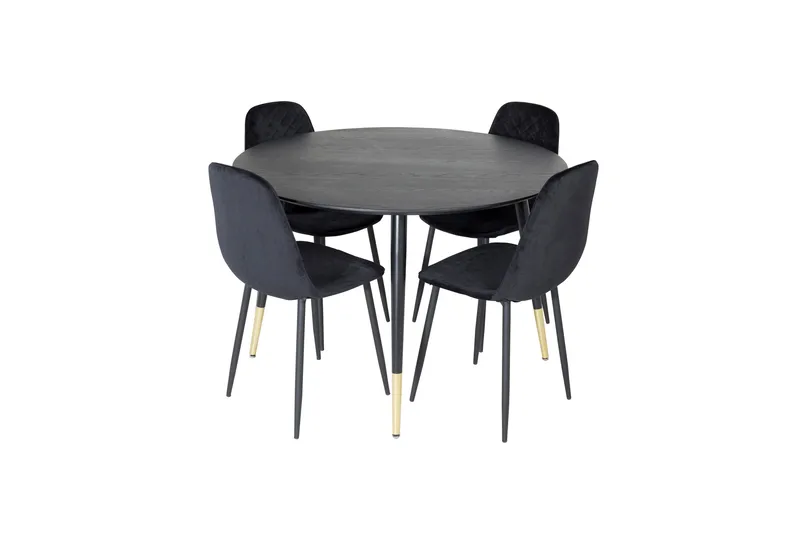 Dipp Spisegruppe 115 cm Rund med 4 Polar Stoler, Sort/Guld
