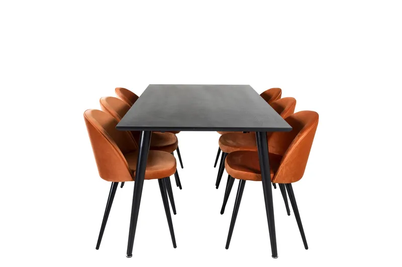 Dipp Spisegruppe 180 cm Rektangulær med 6 Velvet Stoler, Sort