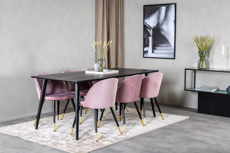 Dipp Spisegruppe 180 cm Rektangulær med 6 Velvet Stoler - Sort - Møbler - Bord - Spisegruppe