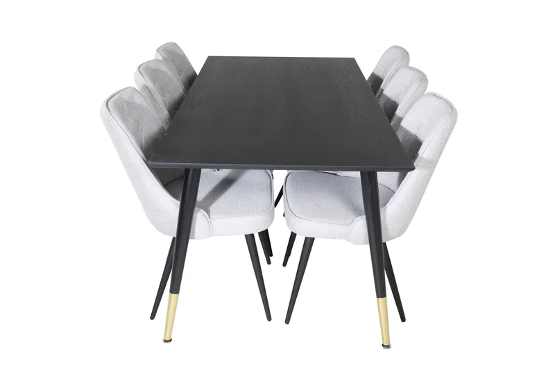 Dipp Spisegruppe 180 cm Rektangulær med 6 Velvet Stoler, Sort/Guld