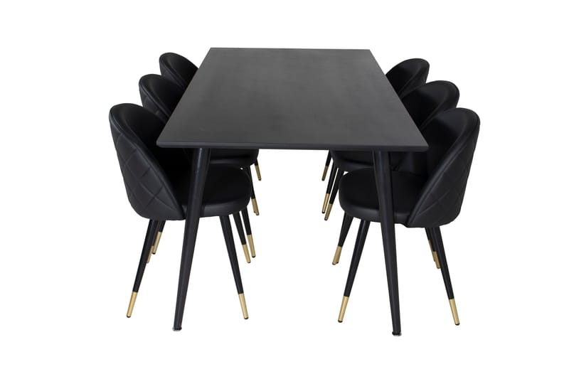 Dipp Spisegruppe 180 cm Rektangulær med 6 Velvet Stoler, Sort/Guld