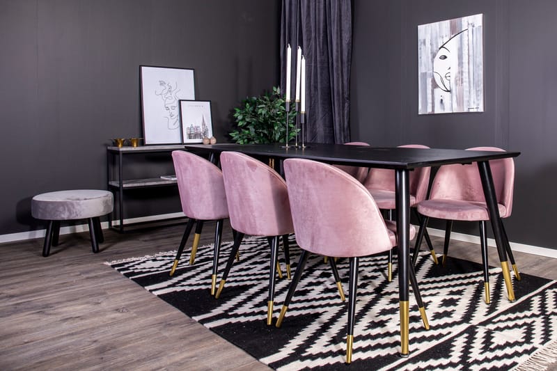Dipp Spisegruppe 180 cm Rektangulær med 6 Velvet Stoler - Sort/Guld - Møbler - Bord - Spisegruppe
