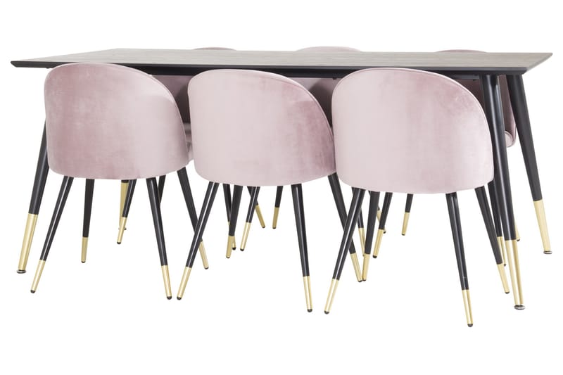 Dipp Spisegruppe 180 cm Rektangulær med 6 Velvet Stoler - Sort/Guld - Møbler - Bord - Spisegruppe
