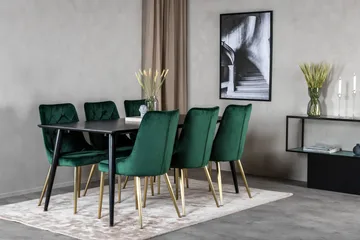 Dipp Spisegruppe 180 cm Rektangulær med 6 Velvet Stoler - Sort/Guld - Møbler - Bord - Spisegruppe