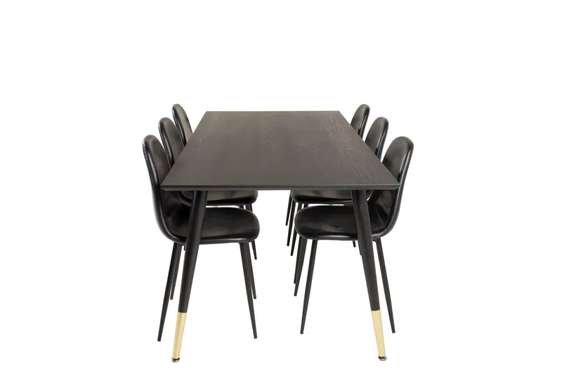 Dipp Spisegruppe 180 cm Rektangulær med 6 Polar Stoler, Sort/Guld