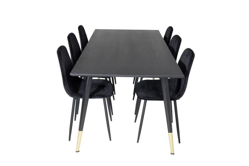 Dipp Spisegruppe 180 cm Rektangulær med 6 Polar Stoler, Sort/Guld