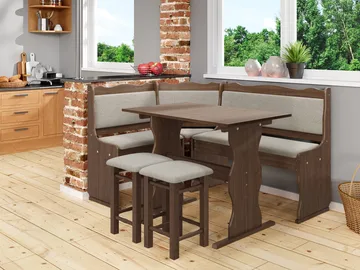 Drosbacken 7-seters spisegruppe for kjøkken - Brun med lys beige trekk (Matana 17) - Møbler - Bord - Spisegruppe