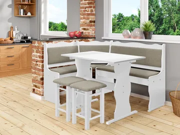 Drosbacken 7-seters spisegruppe for kjøkken - Hvit med beige trekk (Matana 18) - Møbler - Bord - Spisegruppe