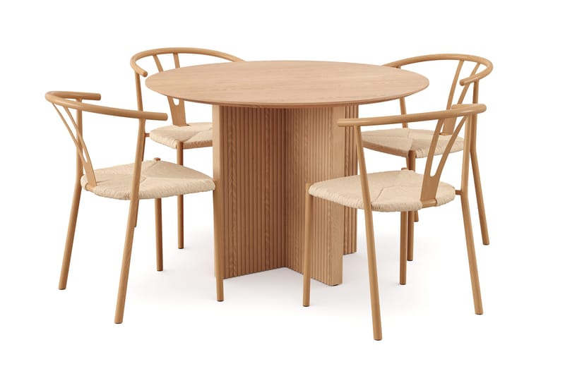 Edda spisegruppe rund 110 cm eik med 4 Elysia spisestoler, Eik
