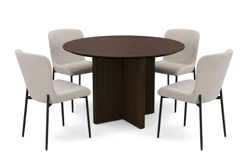 Edda Spisegruppe Rund 110 cm Røkt Eik med 4 Elsie Spisestoler - Røkt Eik/Beige - Møbler - Bord - Spisegruppe