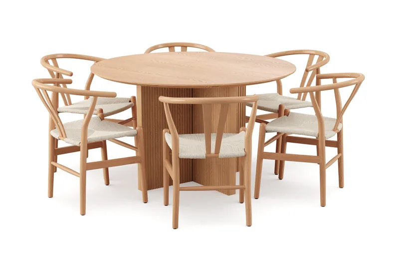 Edda spisegruppe rund 130 cm eik med 6 Dastoori spisestoler, Eik