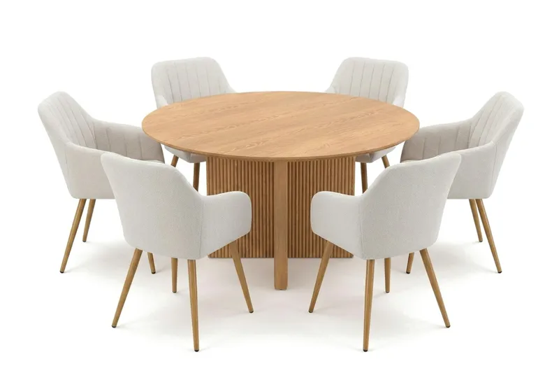 Edda spisegruppe rund 130 cm eik med 6 Filippa spisestoler, Eik