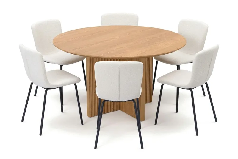Edda spisegruppe rund 130 cm eik med 6 Katy spisestoler, Eik