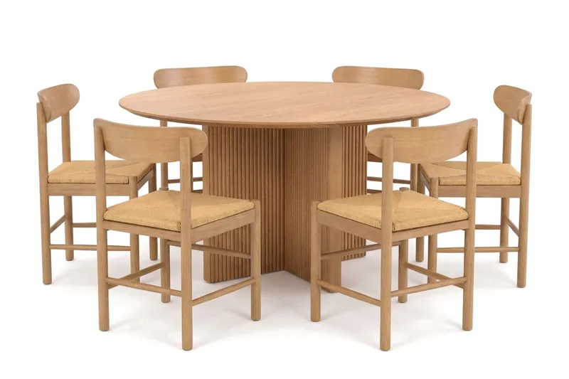 Edda spisegruppe rund 130 cm eik med 6 Malte spisestoler